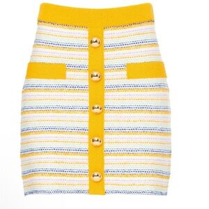 Milly Yellow and Blue Striped Tweed Skirt with Gold Buttons